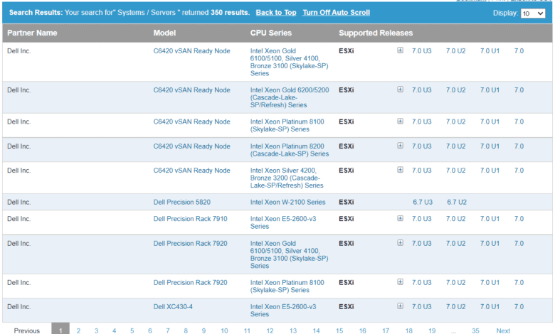 View of the Server Device and Model information on the VMware compatibility site