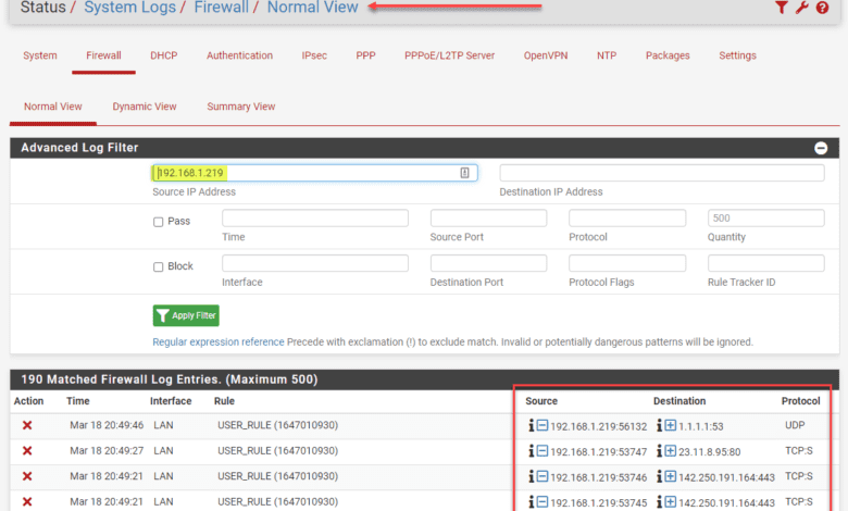 Viewing the advanced filter log in pfSense