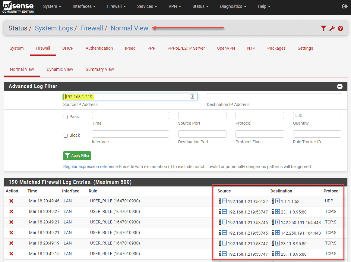 Viewing the advanced filter log in pfSense