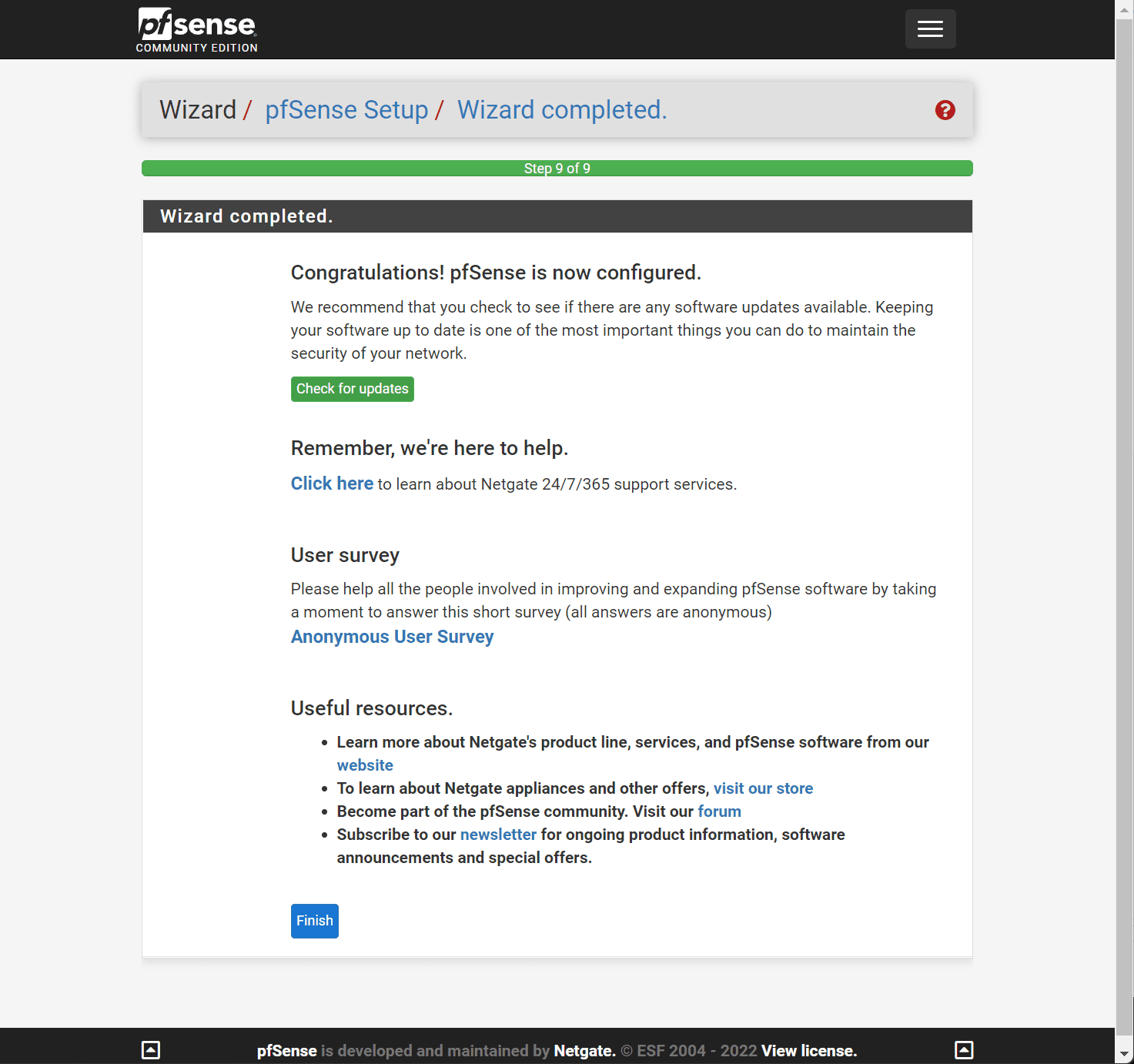 WebConfigurator pfSense configuration wizard completed ready to finish