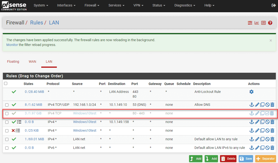 pfSense firewall rule is disabled