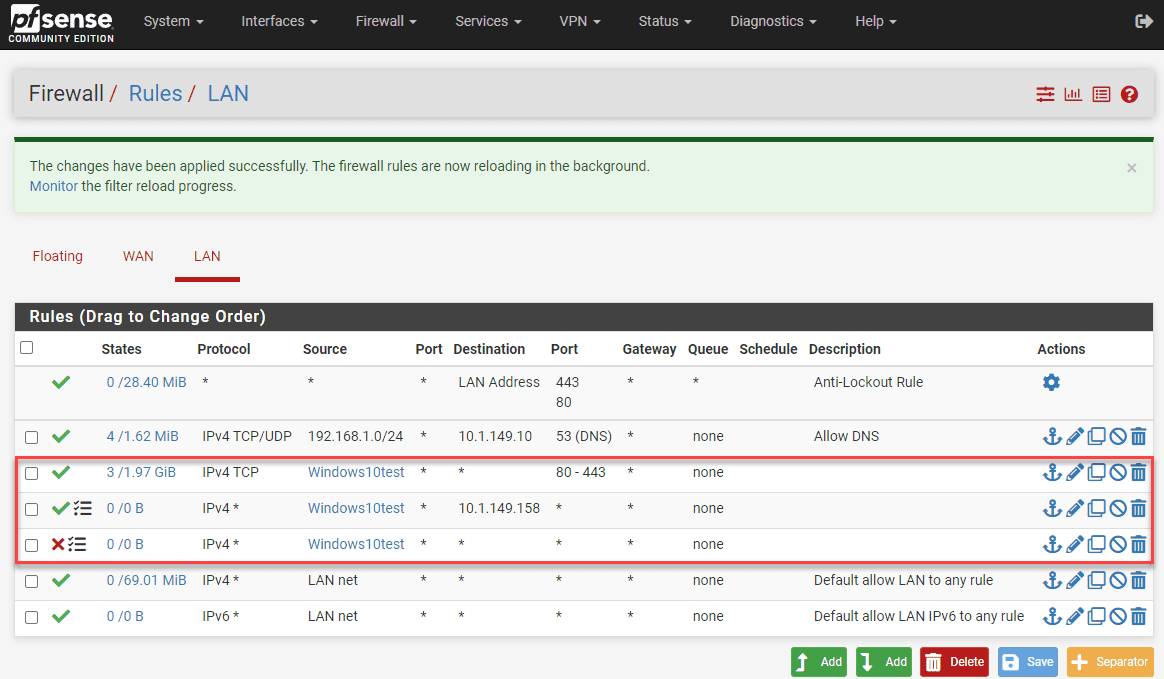 pfSense firewall rules allowing and blocking traffic for a specific host