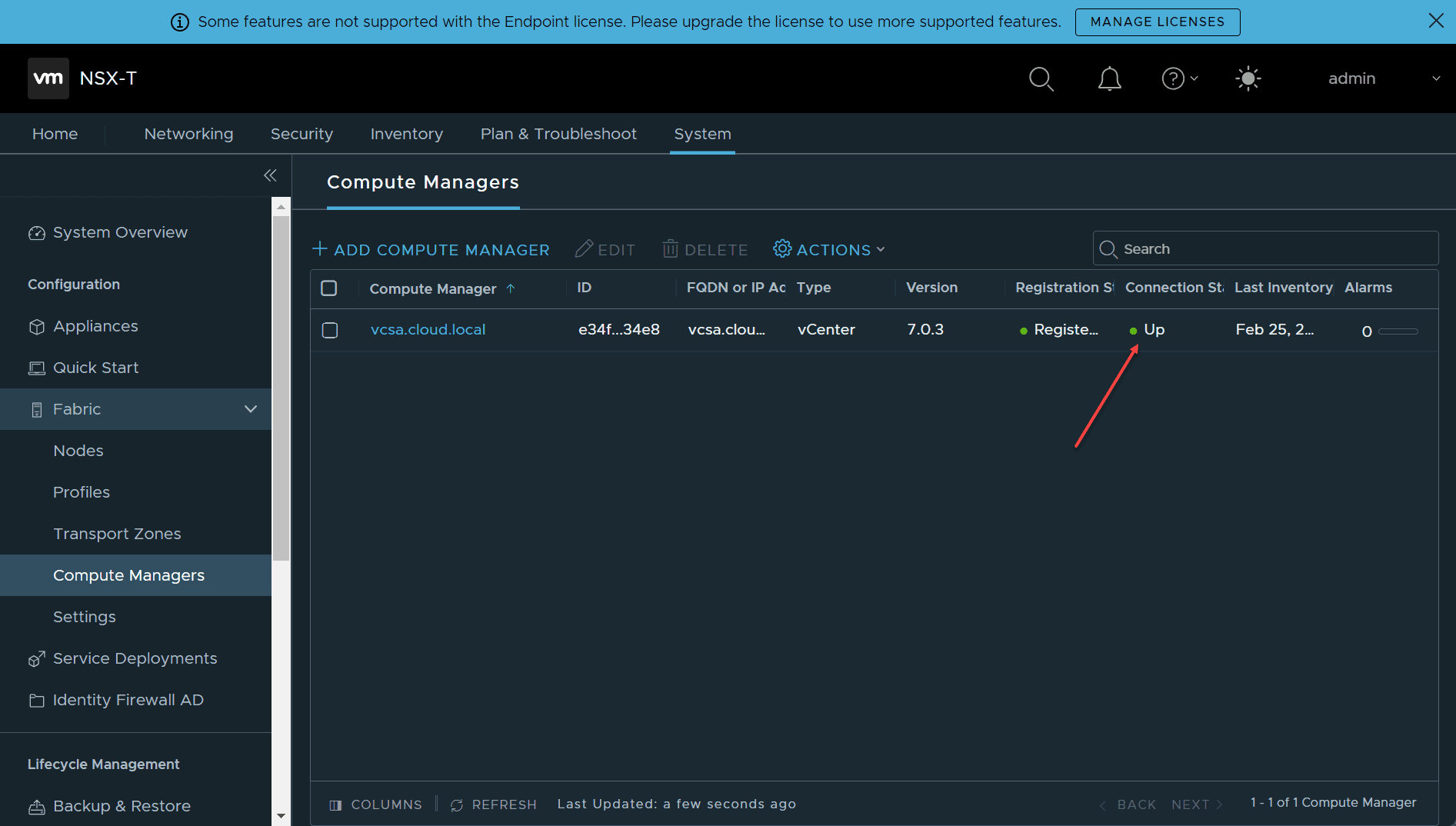 vCenter Server compute manager is up and running and added to NSX