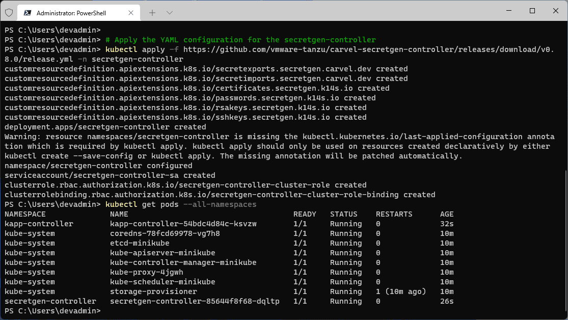 Applying the YAML code for the secretgen controller using the Tanzu CLI