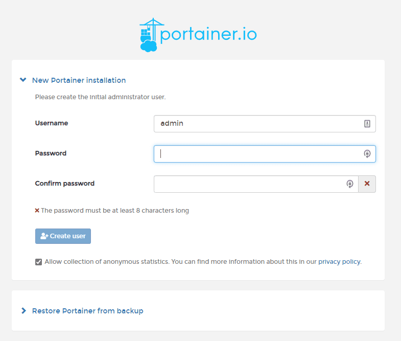 Configure your admin password for Portainer after installation
