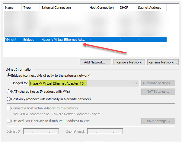 Configuring a VMware Workstation network bridged to the new VLAN tagged Hyper V network adapter