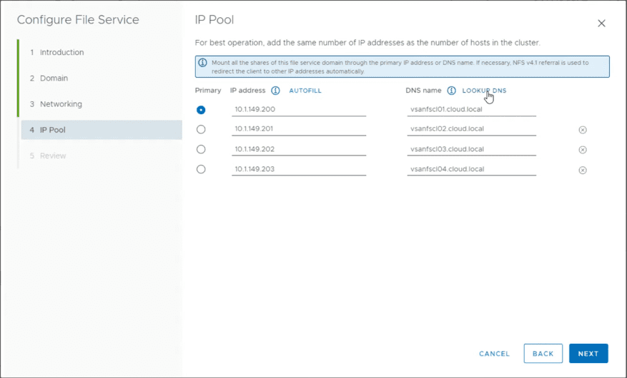 Configuring the IP Pool infrormation for vSAN File Service