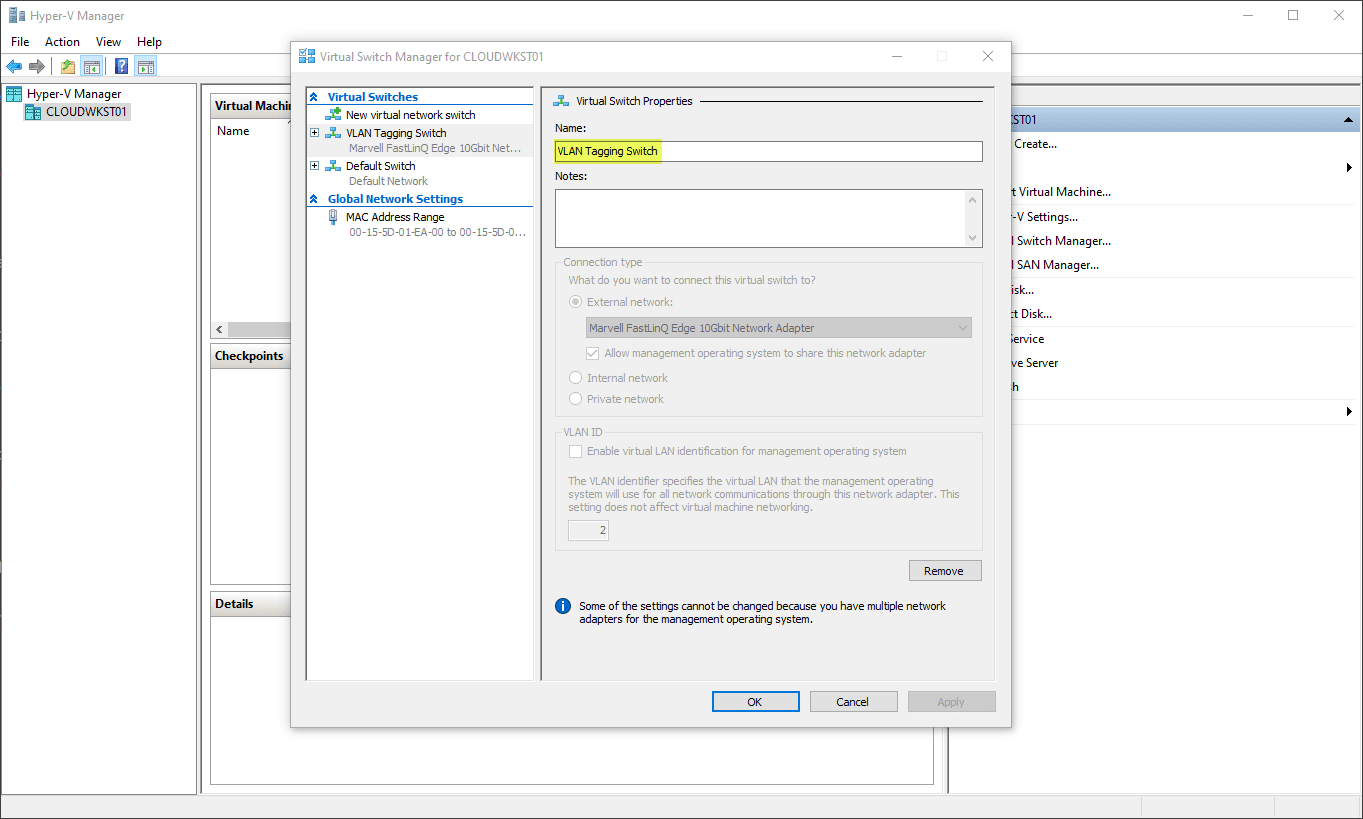 Create a new External switch in Hyper V manager