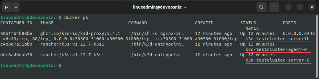 Docker containers showing the three containers acting as the server agent and load balancer