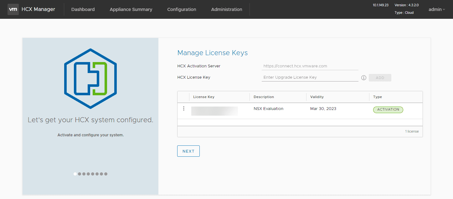 License key installed and activated for VMware HCX