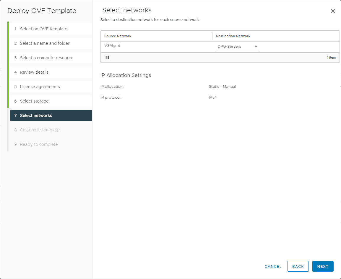 Select the network to connect the HCX appliance