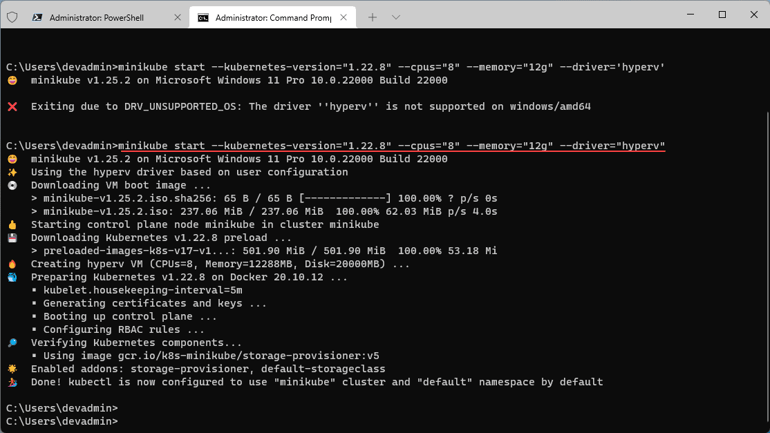 Starting Minikube in Windows 11 using the Hyper V driver