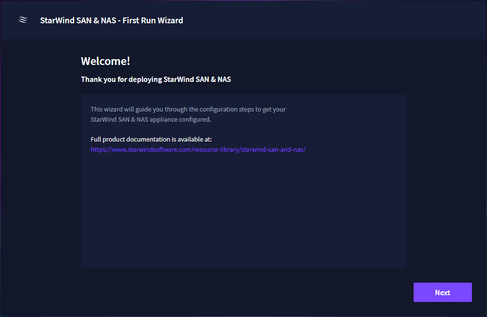 Beginning the StarWind SAN NAS first run wizard