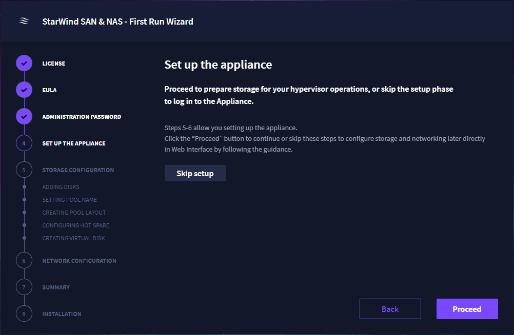 Choose to configure the storage setup