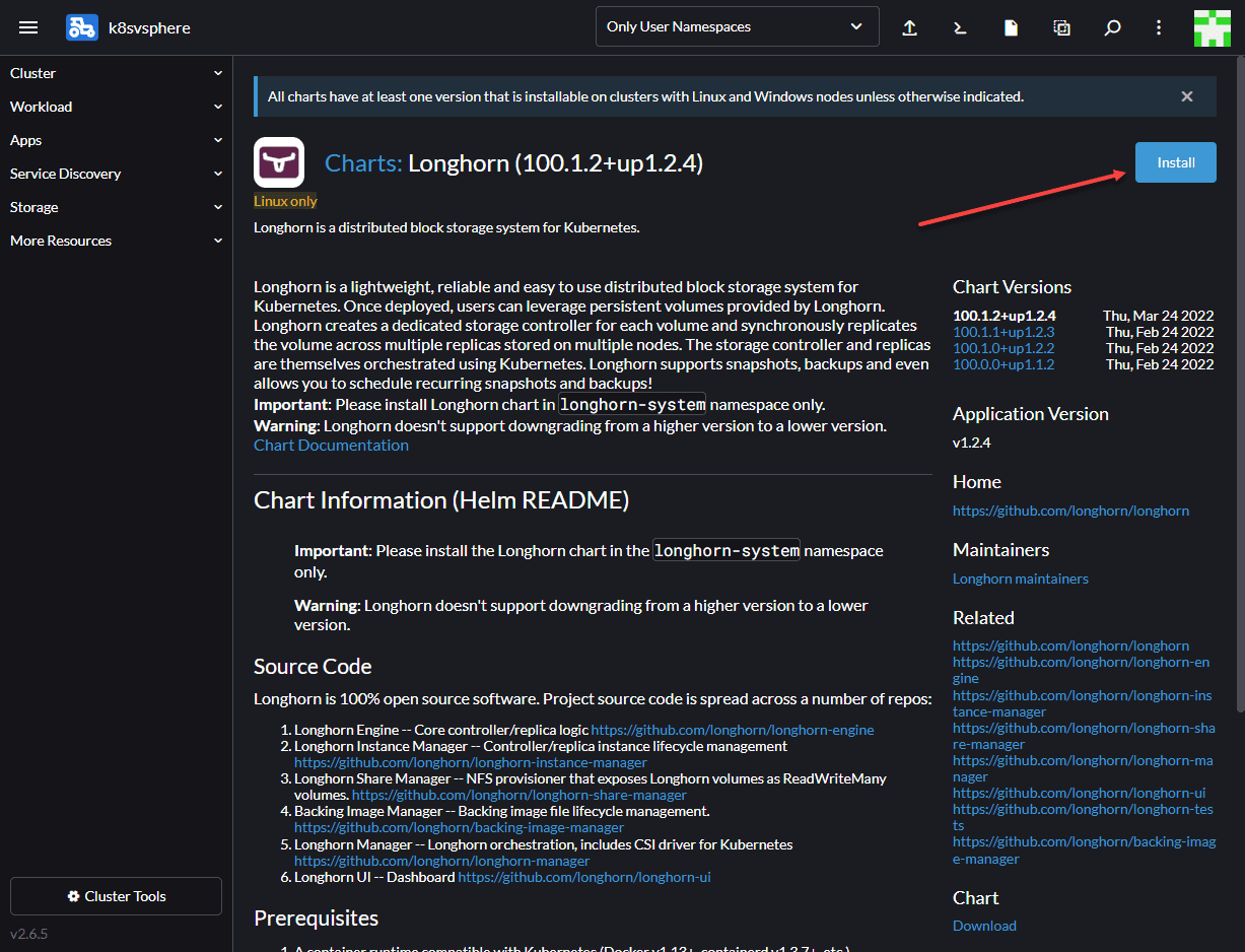 Choosing to install Longhorn in the UI under the Apps section