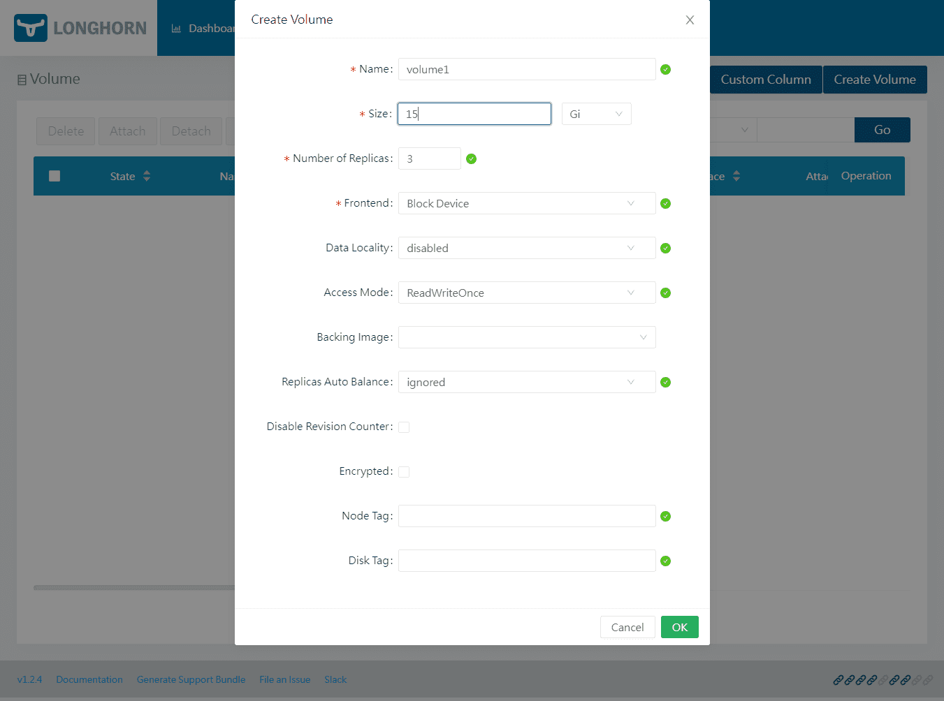 Configuring the details of the new Longhorn volume