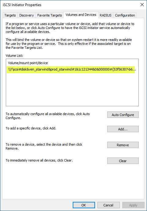 Hyper V Cluster iSCSI storage is autoconfigured in the iSCSI initiator properties