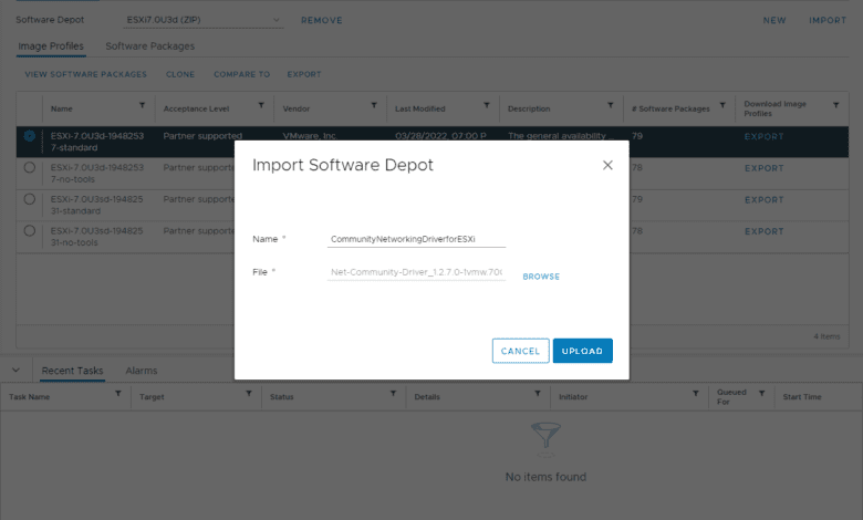 Importing the Community Networking Driver for ESXi