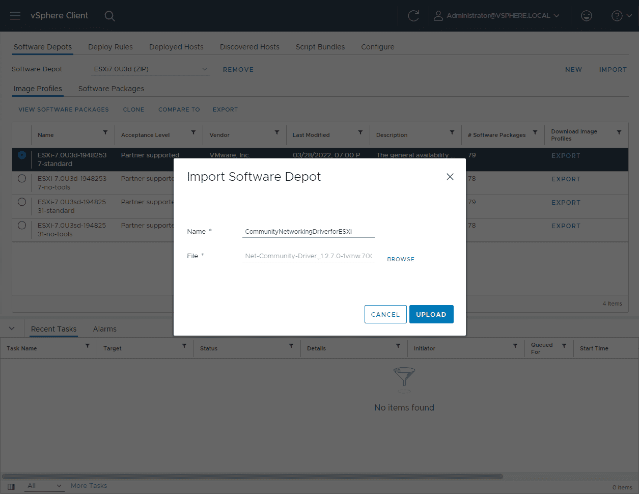 Importing the Community Networking Driver for ESXi