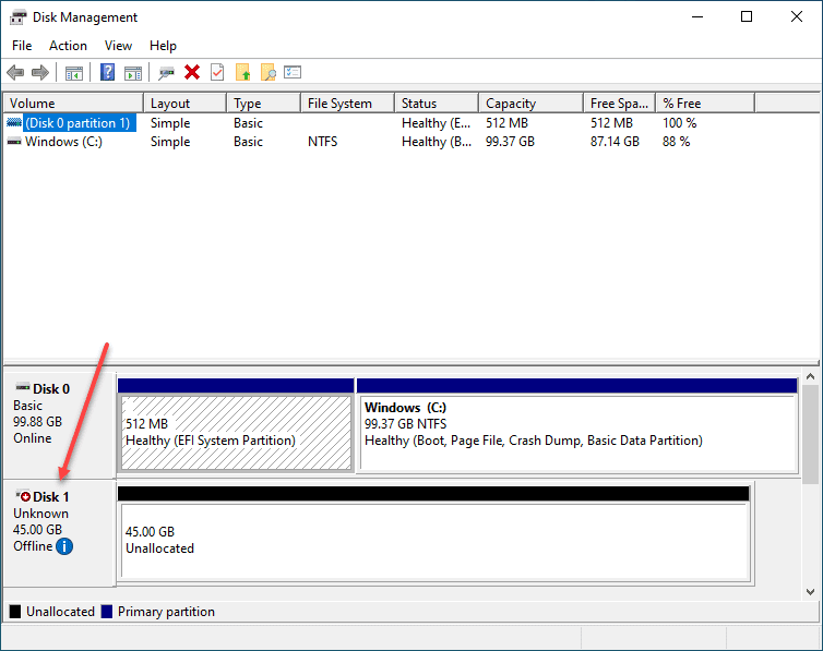 In disk management the storage is avialable for configuration