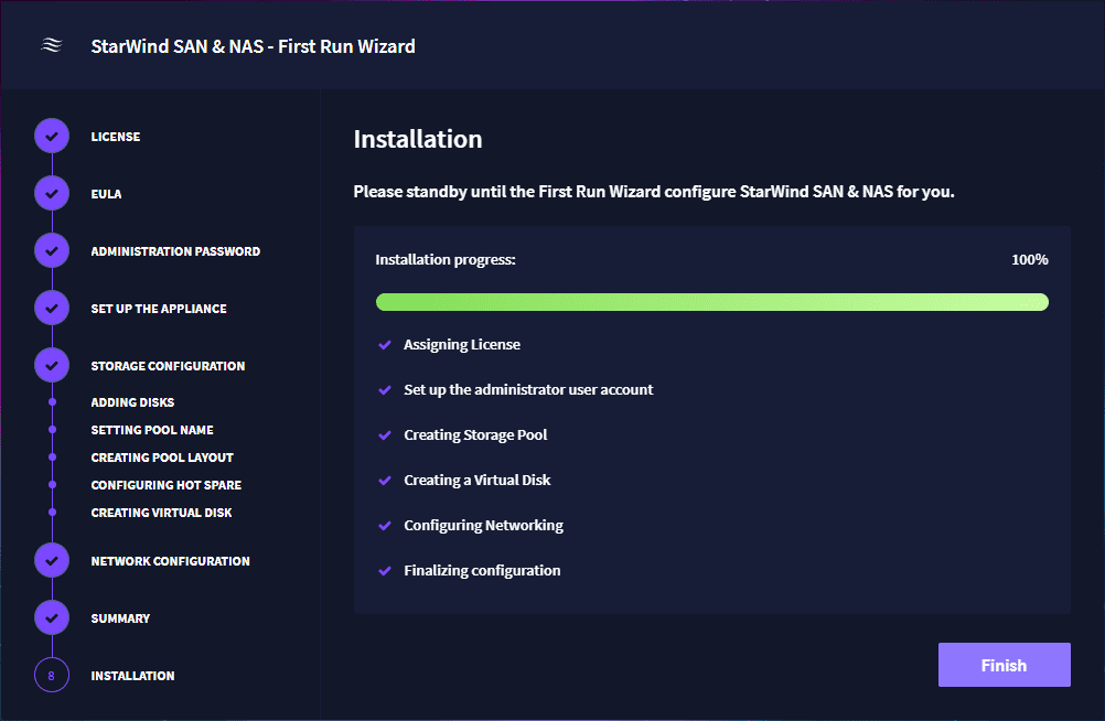 Installation is completed successfully for StarWind SAN NAS