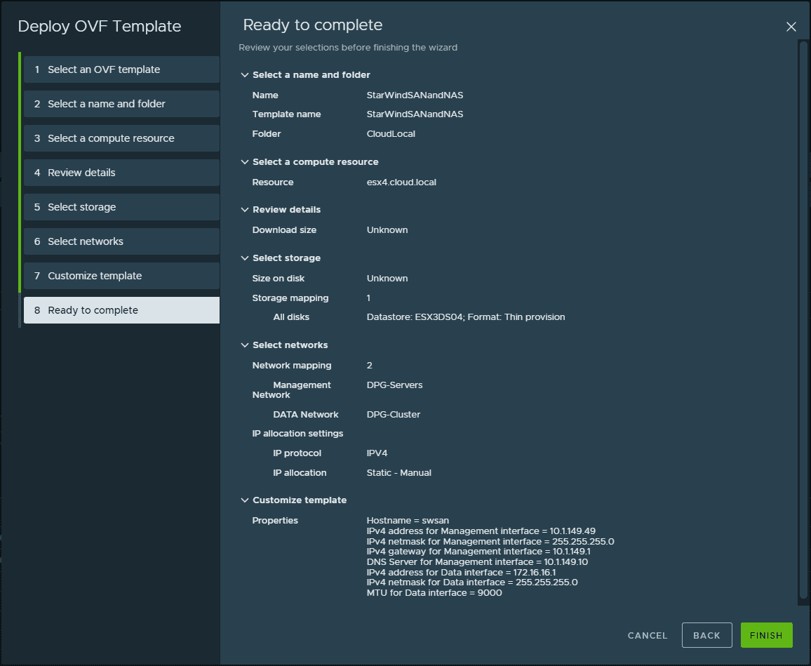 Ready to complete the deployment of the StarWind Free NAS SAN appliance