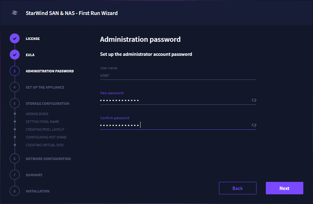 Set the administrator password for StarWind Free SAN NAS