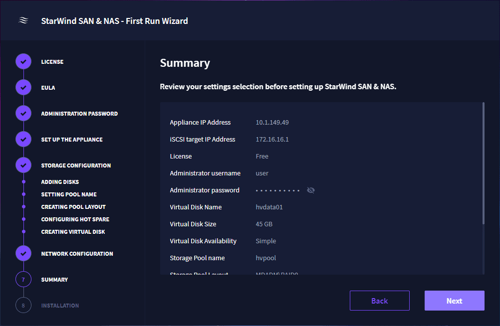 Summary of the StarWind SAN NAS first run wizard