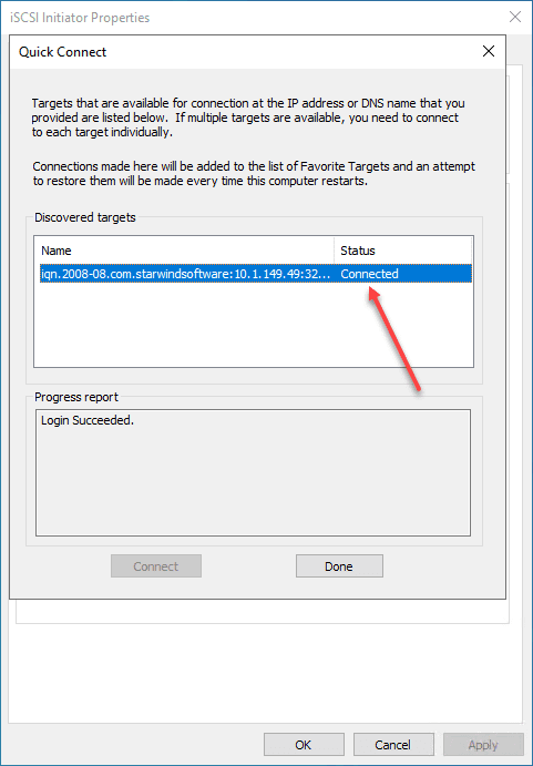 The StarWind iSCSI storage is discovered