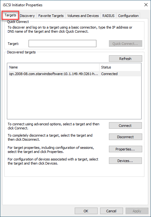 The status of the StarWind iSCSI storage is Connected