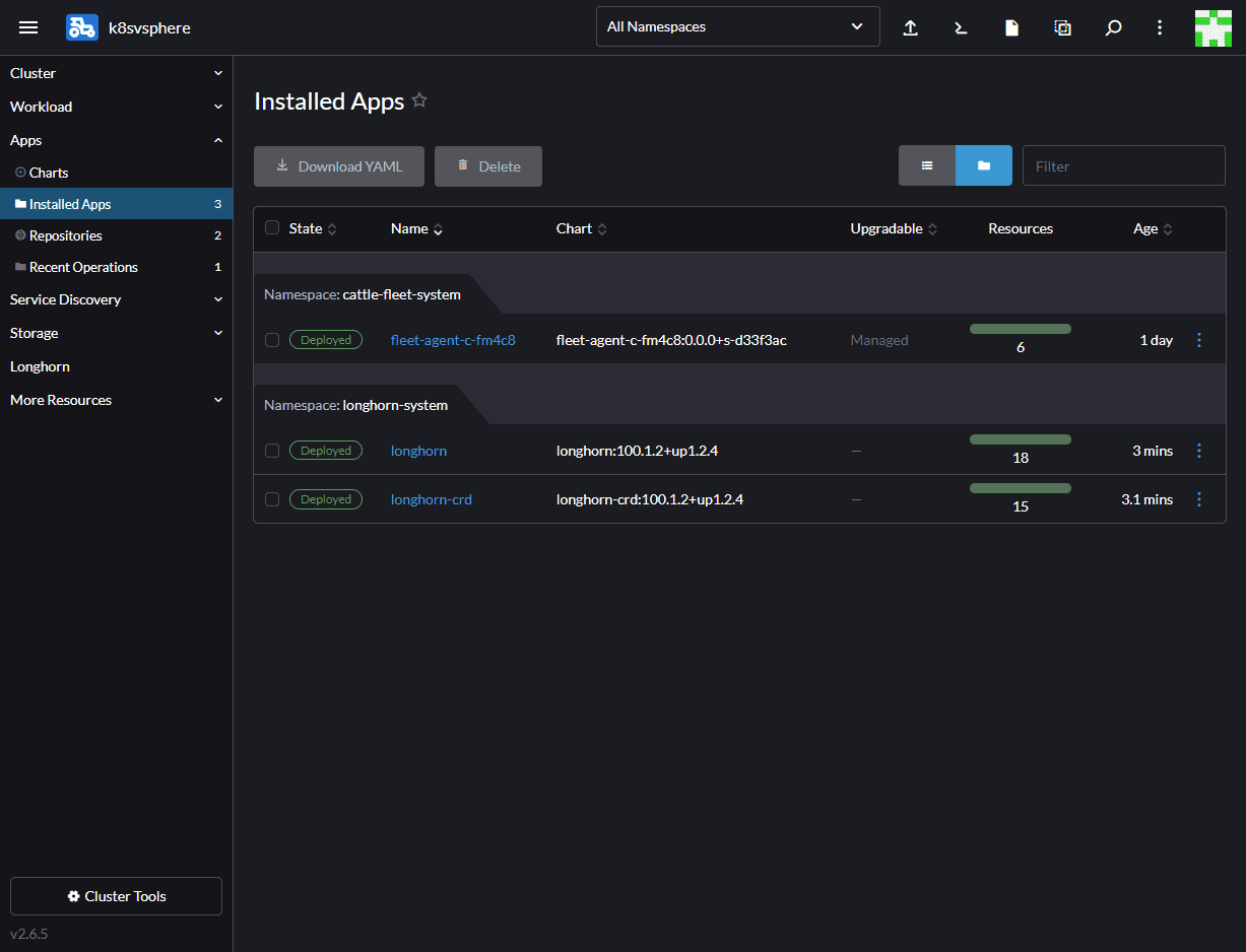 Viewing the installed apps in Rancher which now includes Longhorn