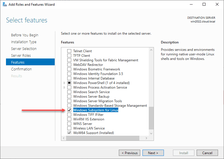 Windows Subsystem for Linux now available in Server Manager Features in Windows Server 2022