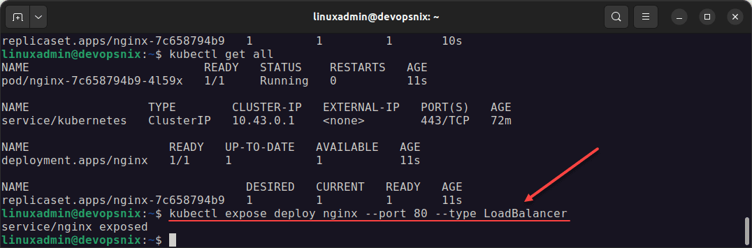 Exposing the Nginx deployment with a type of Loadbalancer