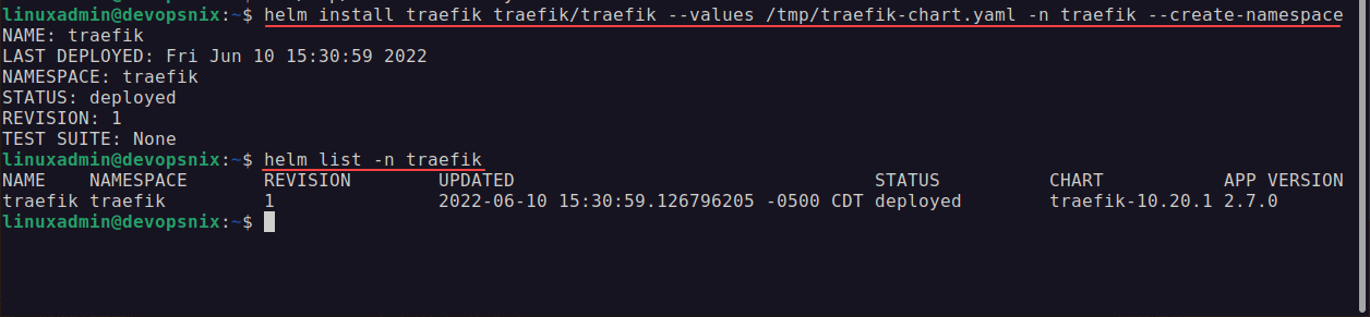 Installing the helm chart from the values file and checking the helm deployment