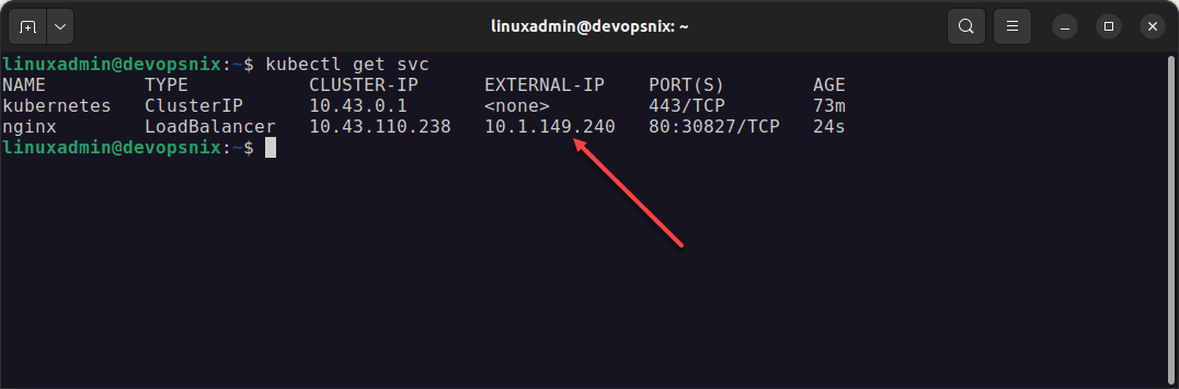 MetalLB hands out an IP address to the Nginx deployment