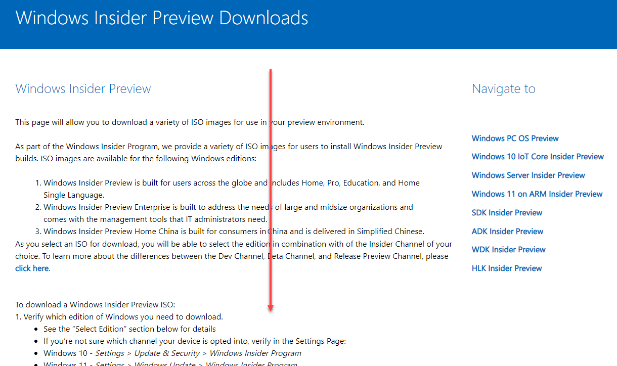 Navigate to the Windows Insider download page and scroll to the bottom