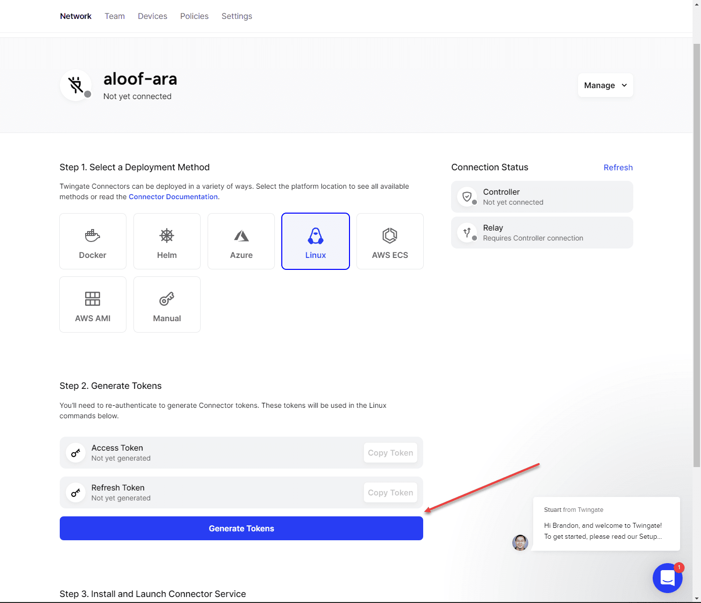 Setting the deployment options and generating tokens