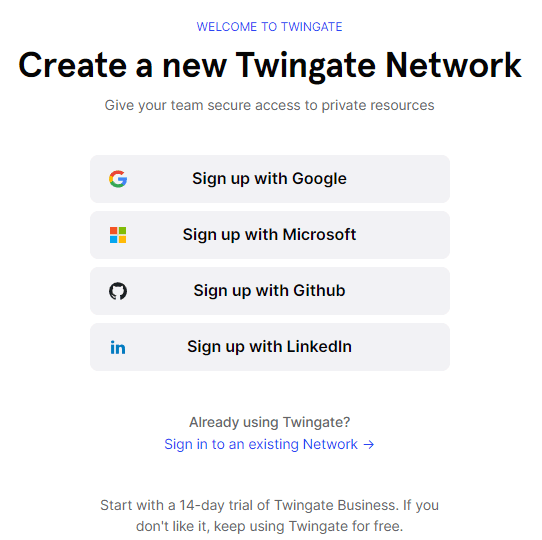 Sign up for Twingate with an existing social network account