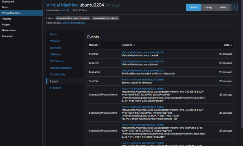 Viewing events for the Harvester virtual machine