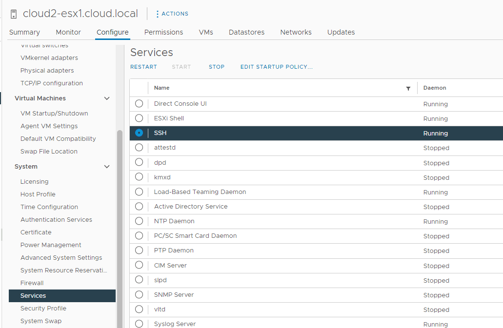 Viewing the state of the SSH service for an ESXi host