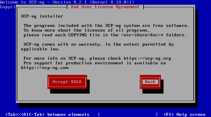 Accept the EULA for XCP NG installation
