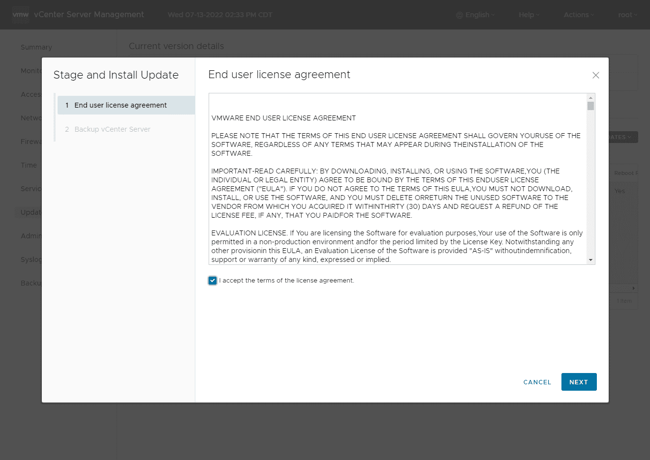 Accept the EULA for the vCenter Server update