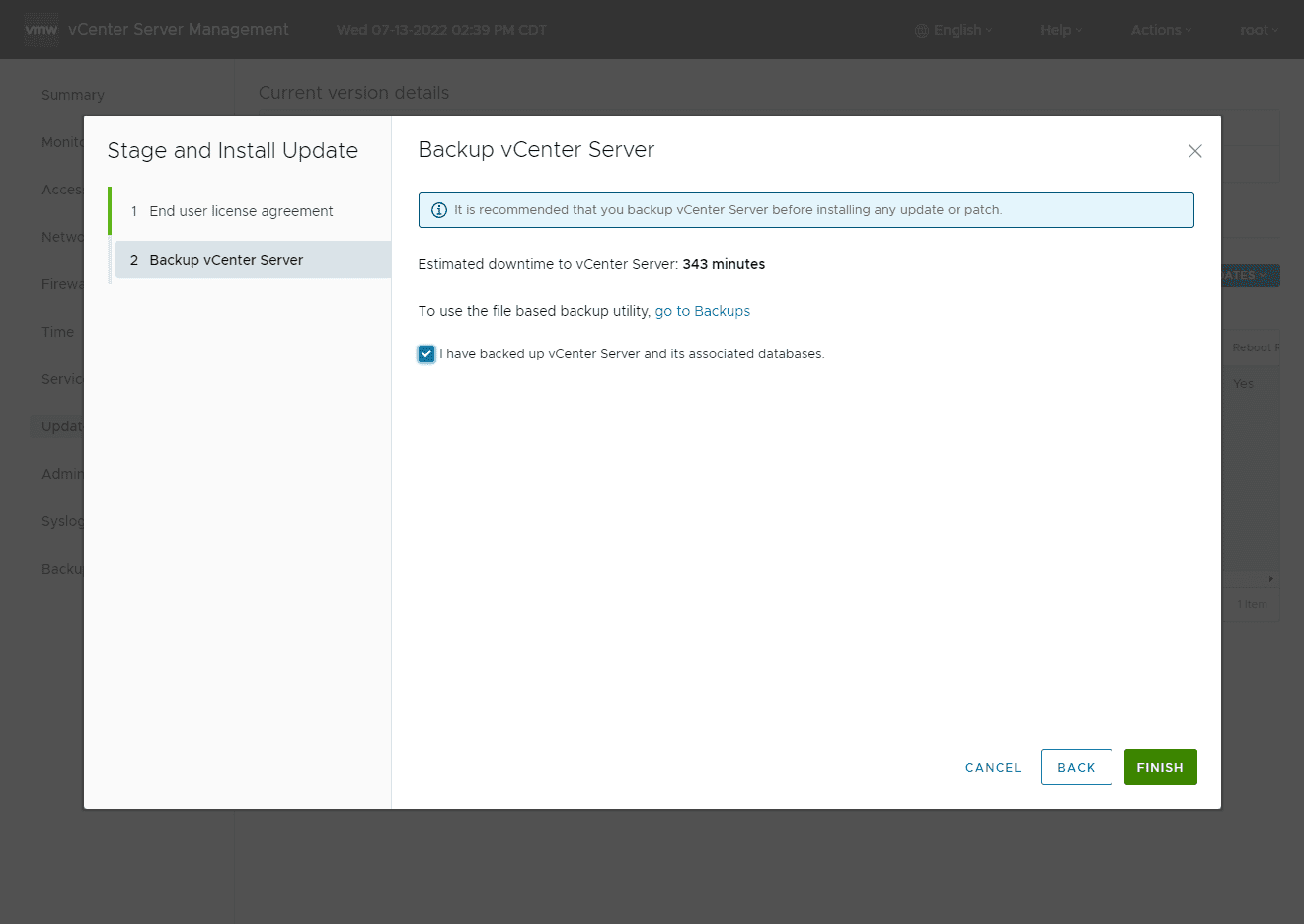 Backup vCenter Server confirmation