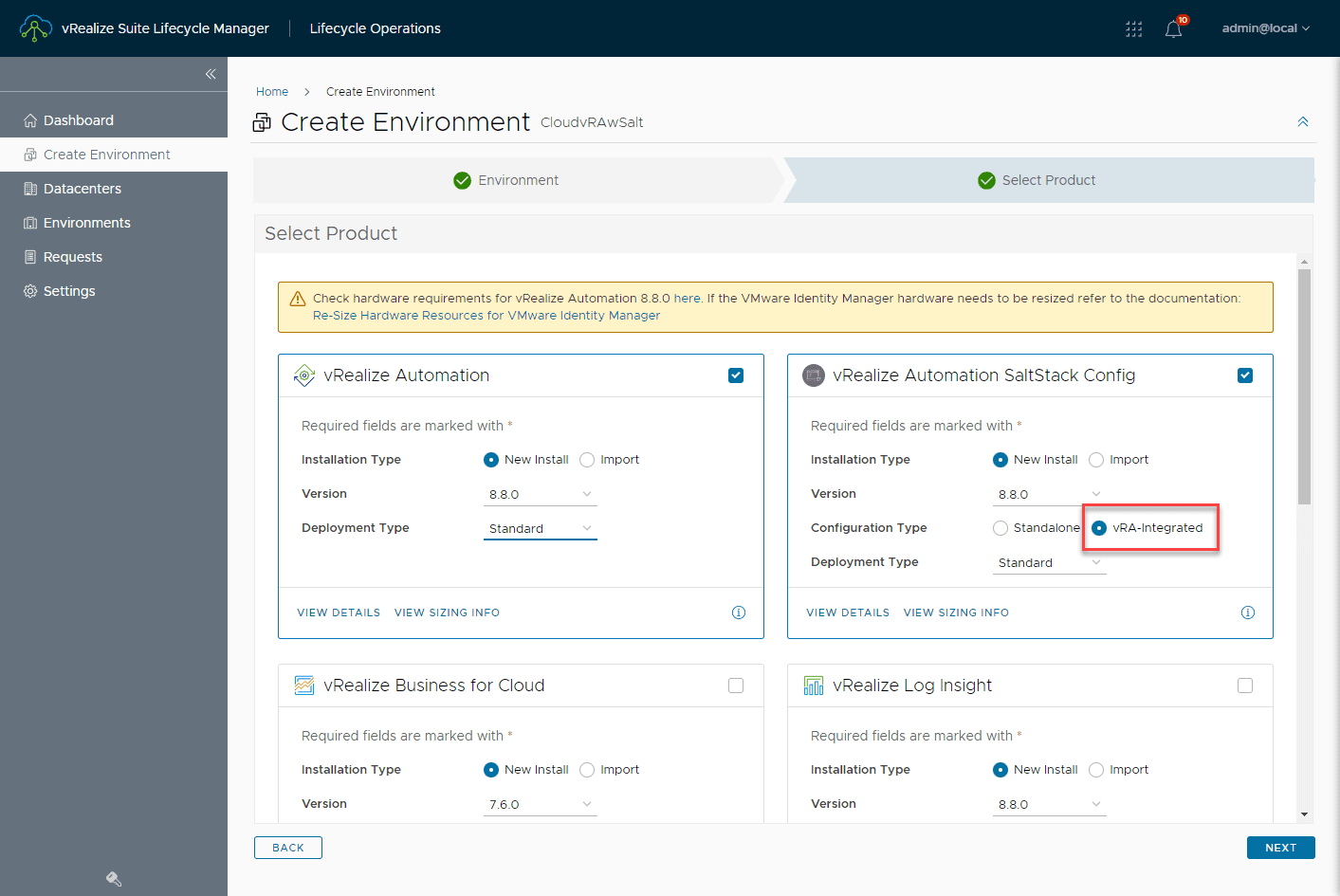 Beginning the creation of the vRA and SaltStack Config environment