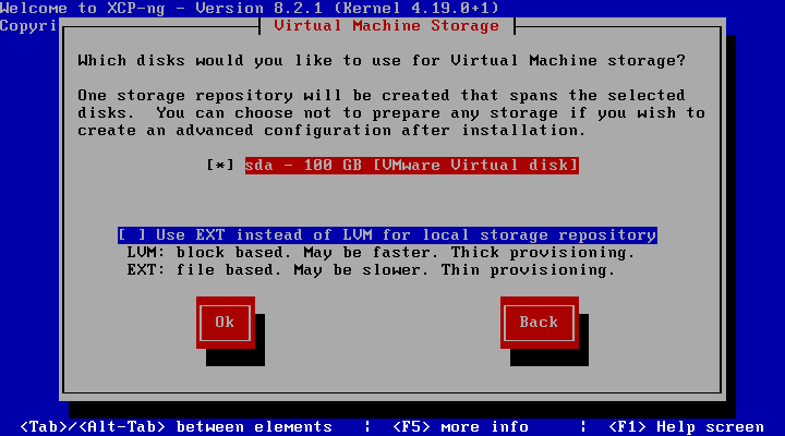 Choose the disk on which to install XCP NG