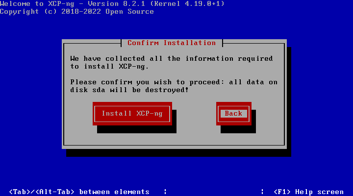 Choose to install XCP NG and begin the install with configuration options chosen