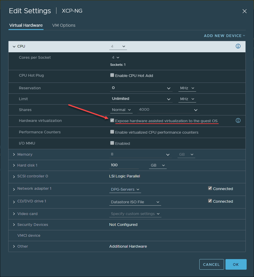 Enable nested virtualization for your XCP NG virtual machine