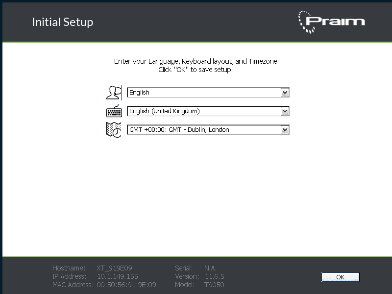 Praim ThinOX4PC initial setup wizard