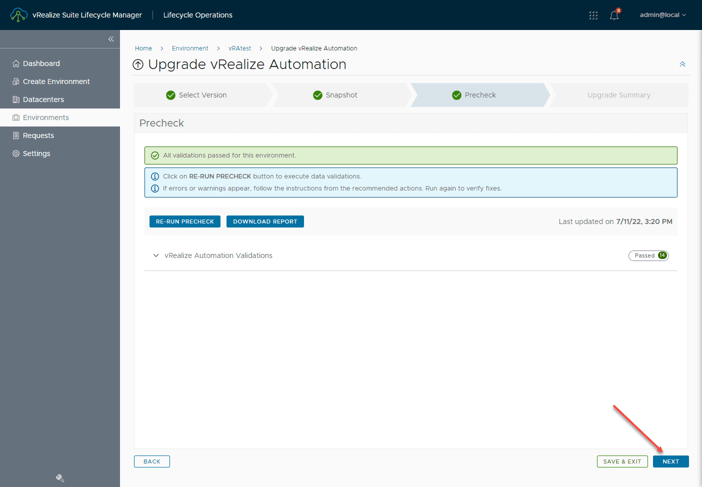 Precheck ran and passed to upgrade vRealize Automation