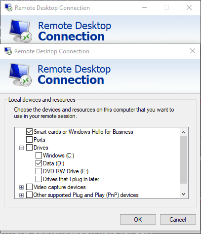 Redirect devices and other local resources over an RDP connection